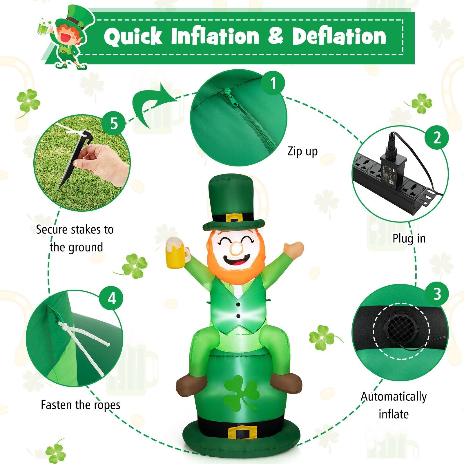 5 Feet St Patrick's Day Inflatable Decoration Leprechaun Sitting on Hat, Green Holiday Decor   at Gallery Canada