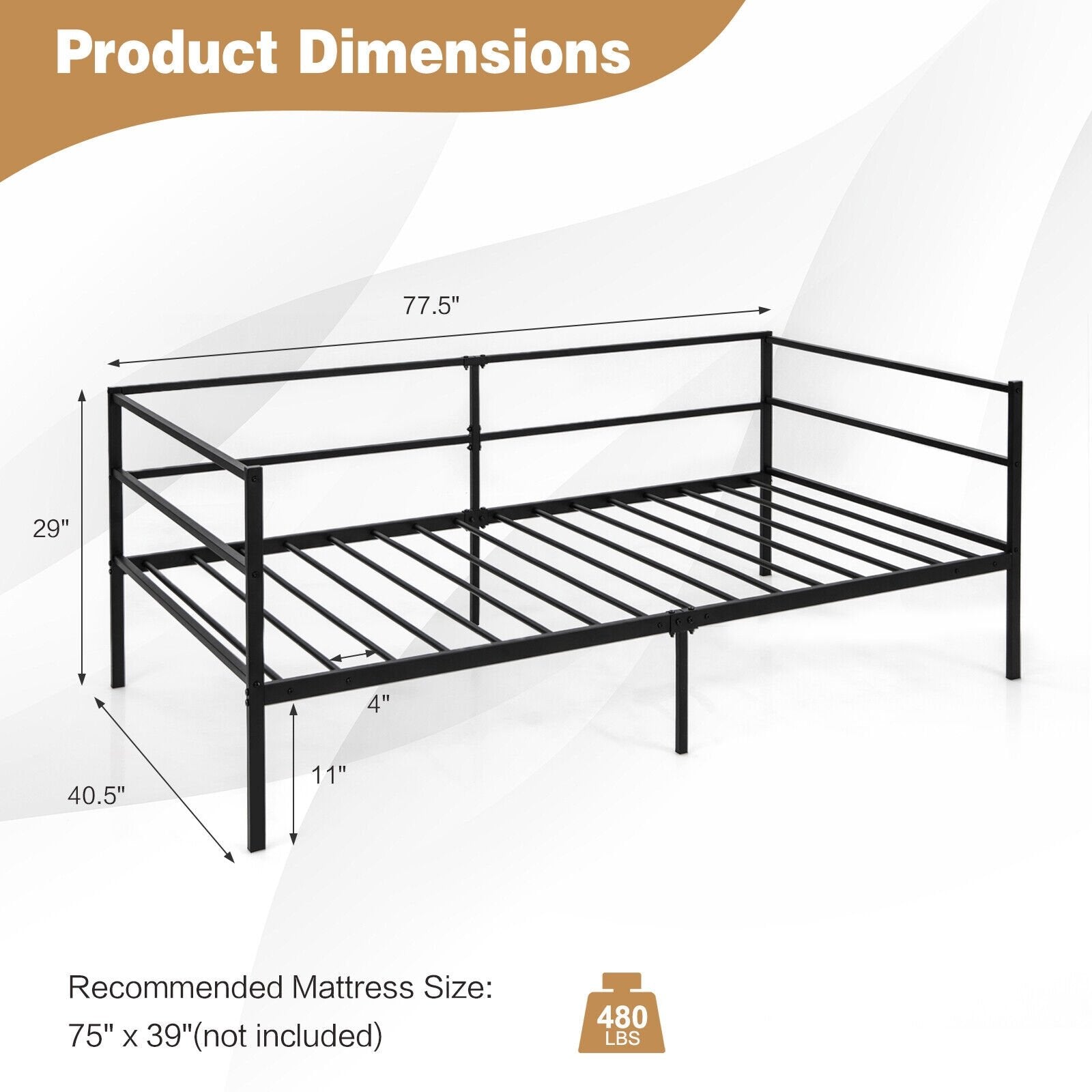 Twin Size Metal Daybed Frame for Living Room Bedroom, Black Trundle Bed Frame   at Gallery Canada