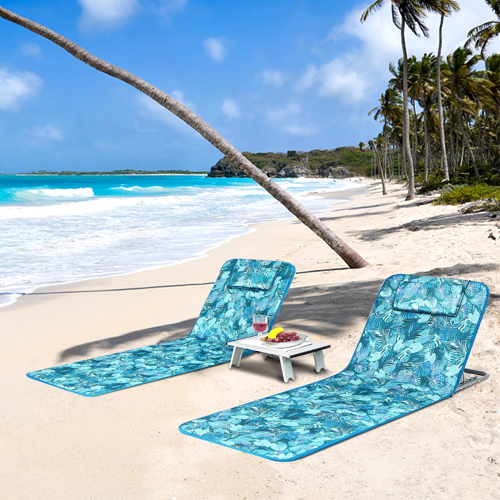 3 Pieces Beach Lounge Chair Mat Set 2 Adjustable Lounge Chairs with Table Stripe, Green Beach & Lawn Chairs at Gallery Canada