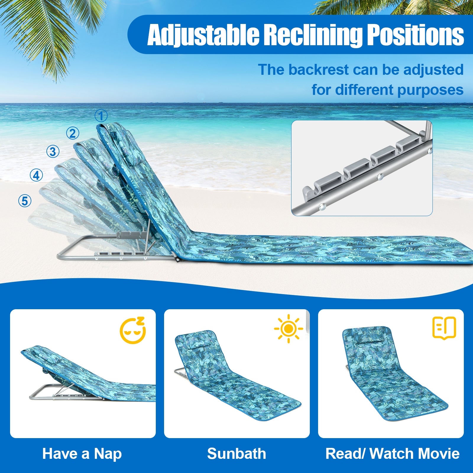 3 Pieces Beach Lounge Chair Mat Set 2 Adjustable Lounge Chairs with Table Stripe, Green Beach & Lawn Chairs at Gallery Canada