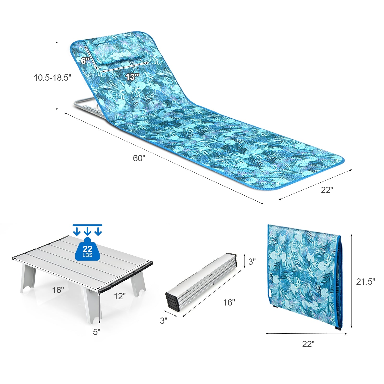 3 Pieces Beach Lounge Chair Mat Set 2 Adjustable Lounge Chairs with Table Stripe, Green Beach & Lawn Chairs at Gallery Canada