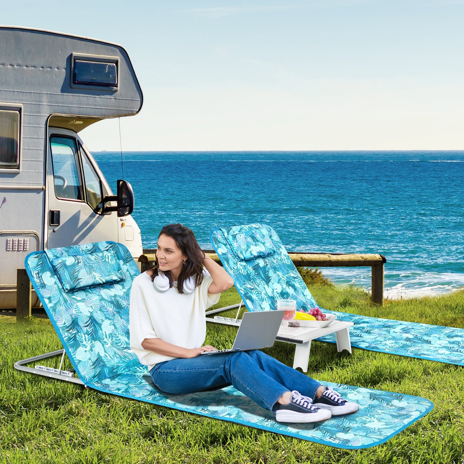 3 Pieces Beach Lounge Chair Mat Set 2 Adjustable Lounge Chairs with Table Stripe, Green Beach & Lawn Chairs at Gallery Canada