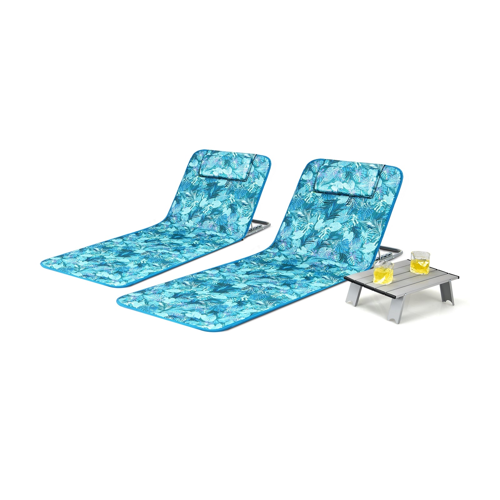 3 Pieces Beach Lounge Chair Mat Set 2 Adjustable Lounge Chairs with Table Stripe, Green Beach & Lawn Chairs at Gallery Canada