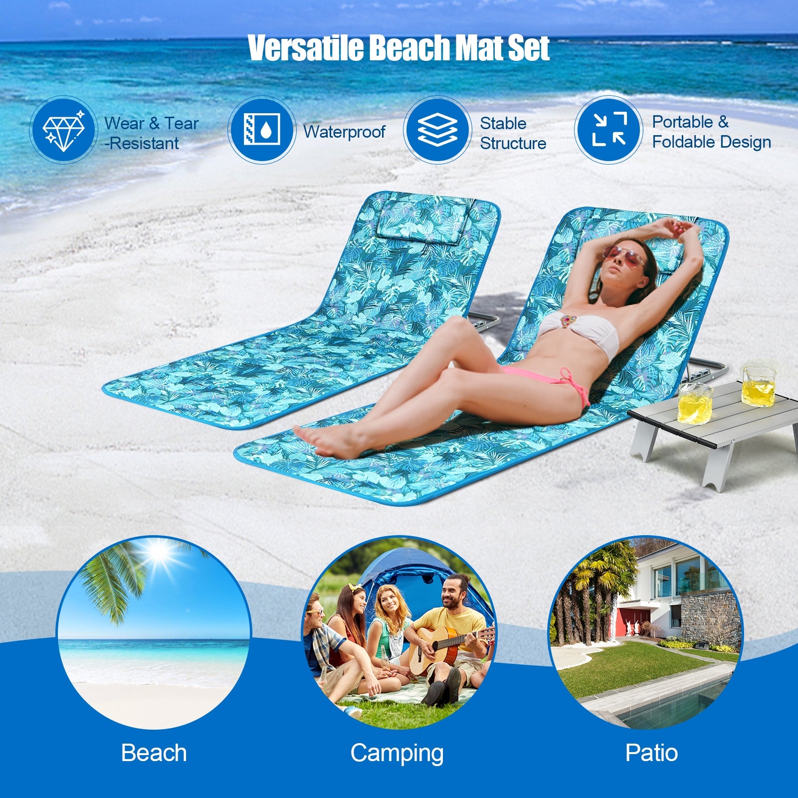 3 Pieces Beach Lounge Chair Mat Set 2 Adjustable Lounge Chairs with Table Stripe, Green Beach & Lawn Chairs at Gallery Canada