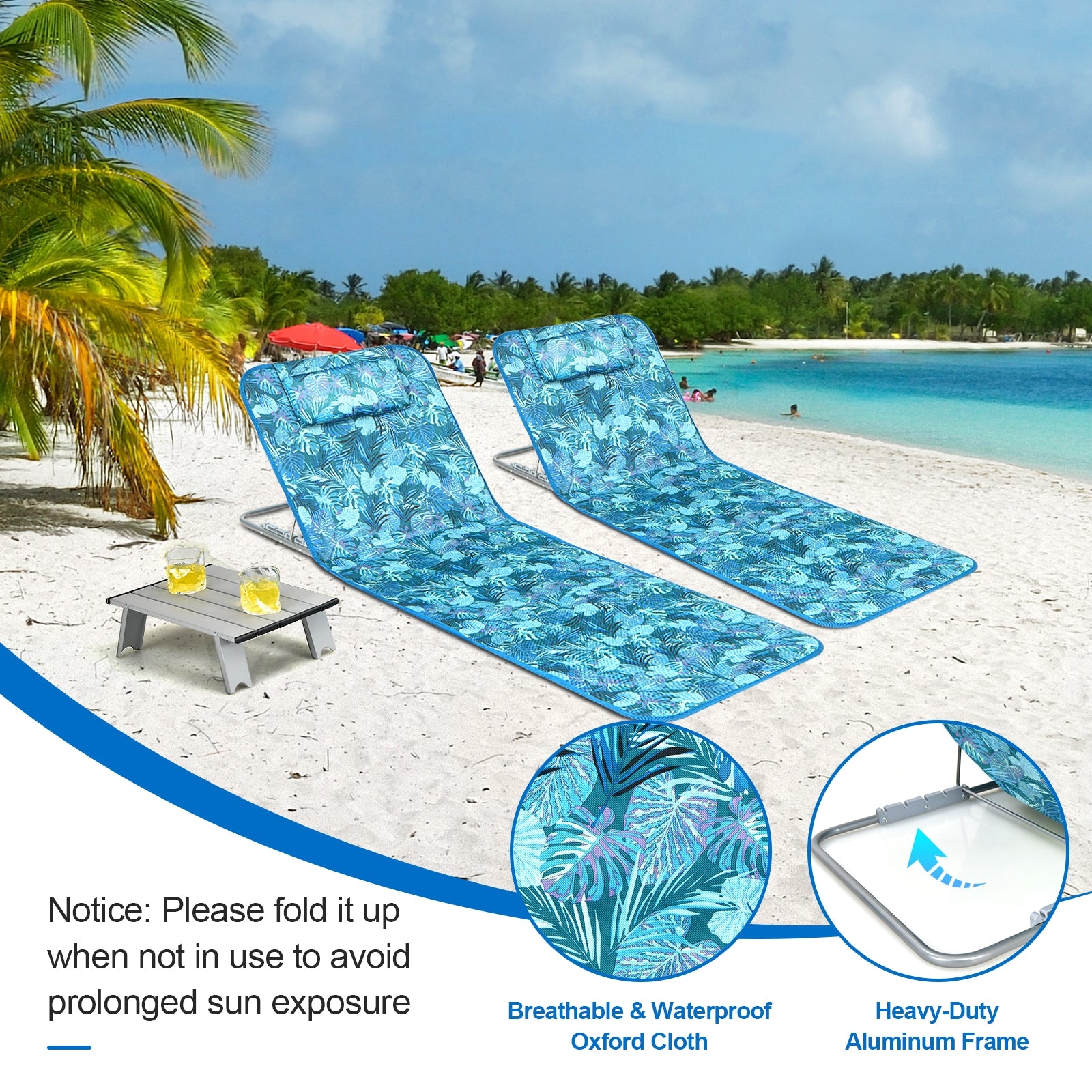 3 Pieces Beach Lounge Chair Mat Set 2 Adjustable Lounge Chairs with Table Stripe, Green Beach & Lawn Chairs at Gallery Canada