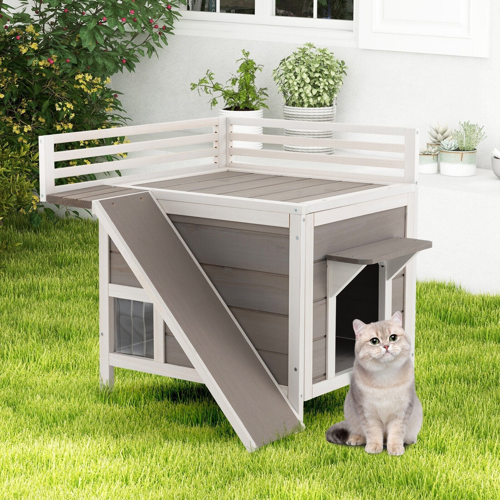 Outdoor Wooden Feral Cat House with Balcony and Slide, Gray Cat Supplies   at Gallery Canada