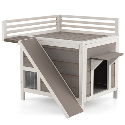 Outdoor Wooden Feral Cat House with Balcony and Slide, Gray Cat Supplies   at Gallery Canada