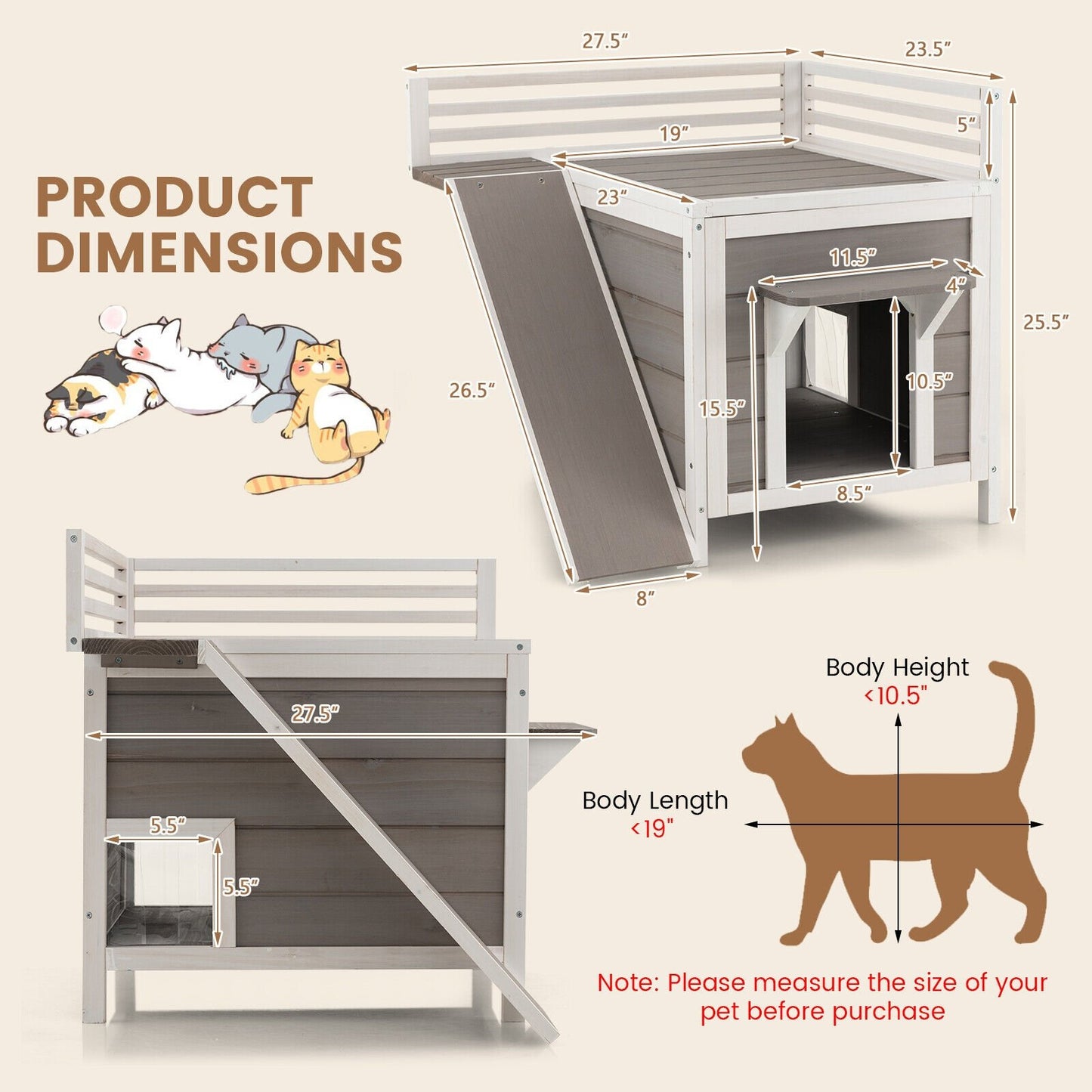 Outdoor Wooden Feral Cat House with Balcony and Slide, Gray Cat Supplies   at Gallery Canada