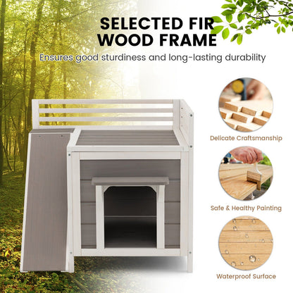 Outdoor Wooden Feral Cat House with Balcony and Slide, Gray Cat Supplies   at Gallery Canada