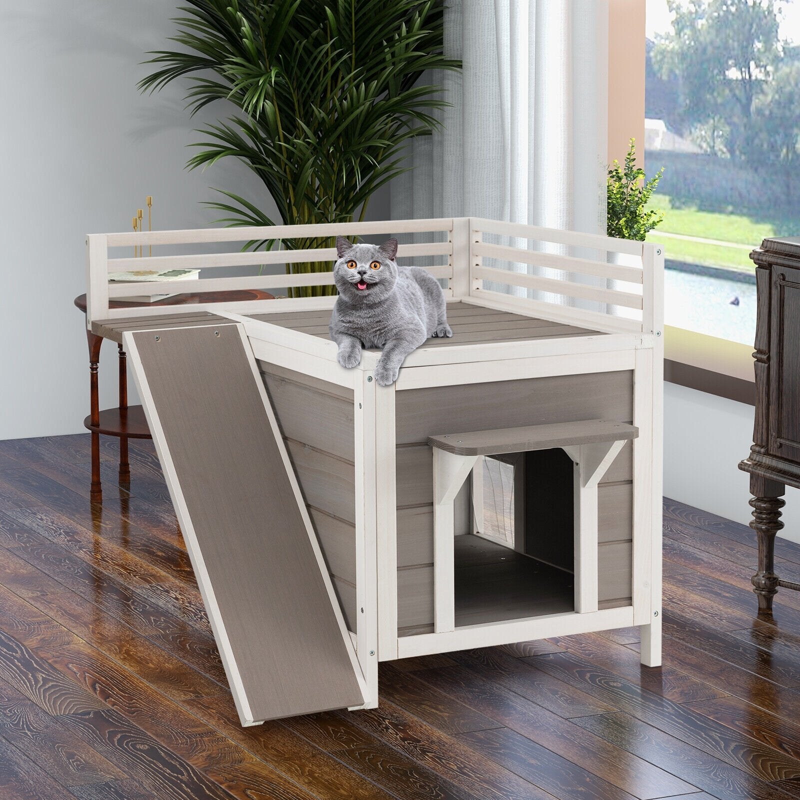 Outdoor Wooden Feral Cat House with Balcony and Slide, Gray Cat Supplies   at Gallery Canada