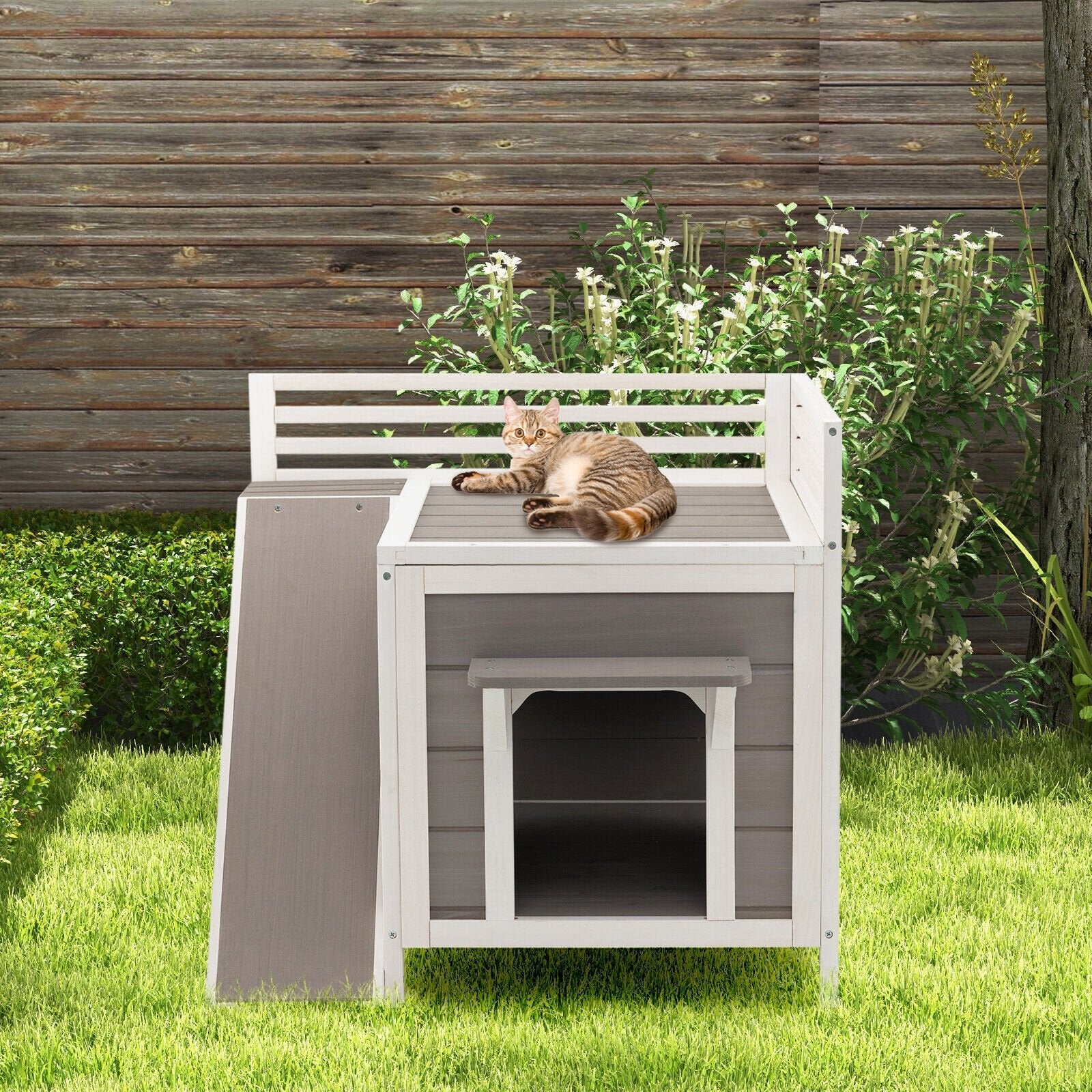 Outdoor Wooden Feral Cat House with Balcony and Slide, Gray Cat Supplies   at Gallery Canada