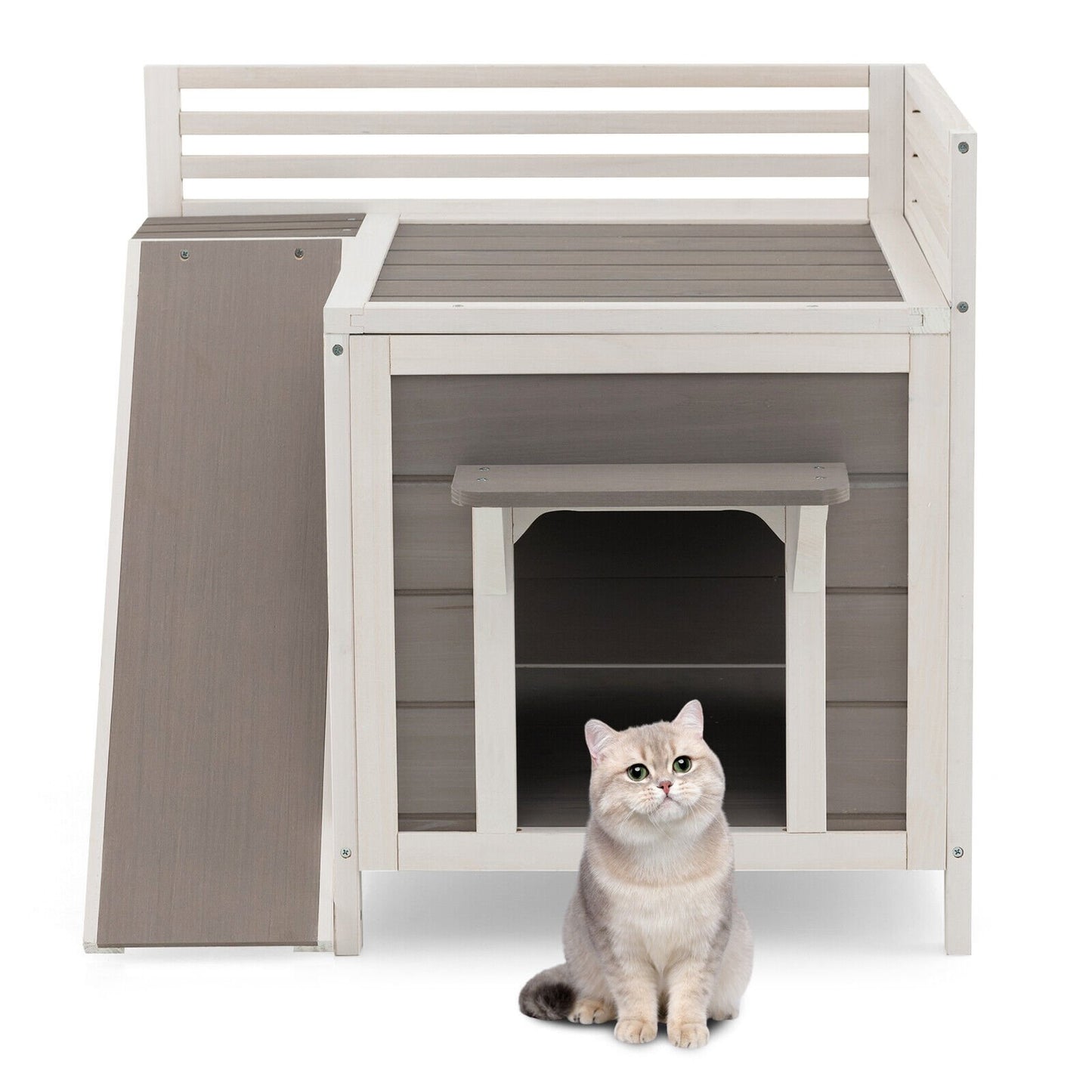 Outdoor Wooden Feral Cat House with Balcony and Slide, Gray Cat Supplies   at Gallery Canada