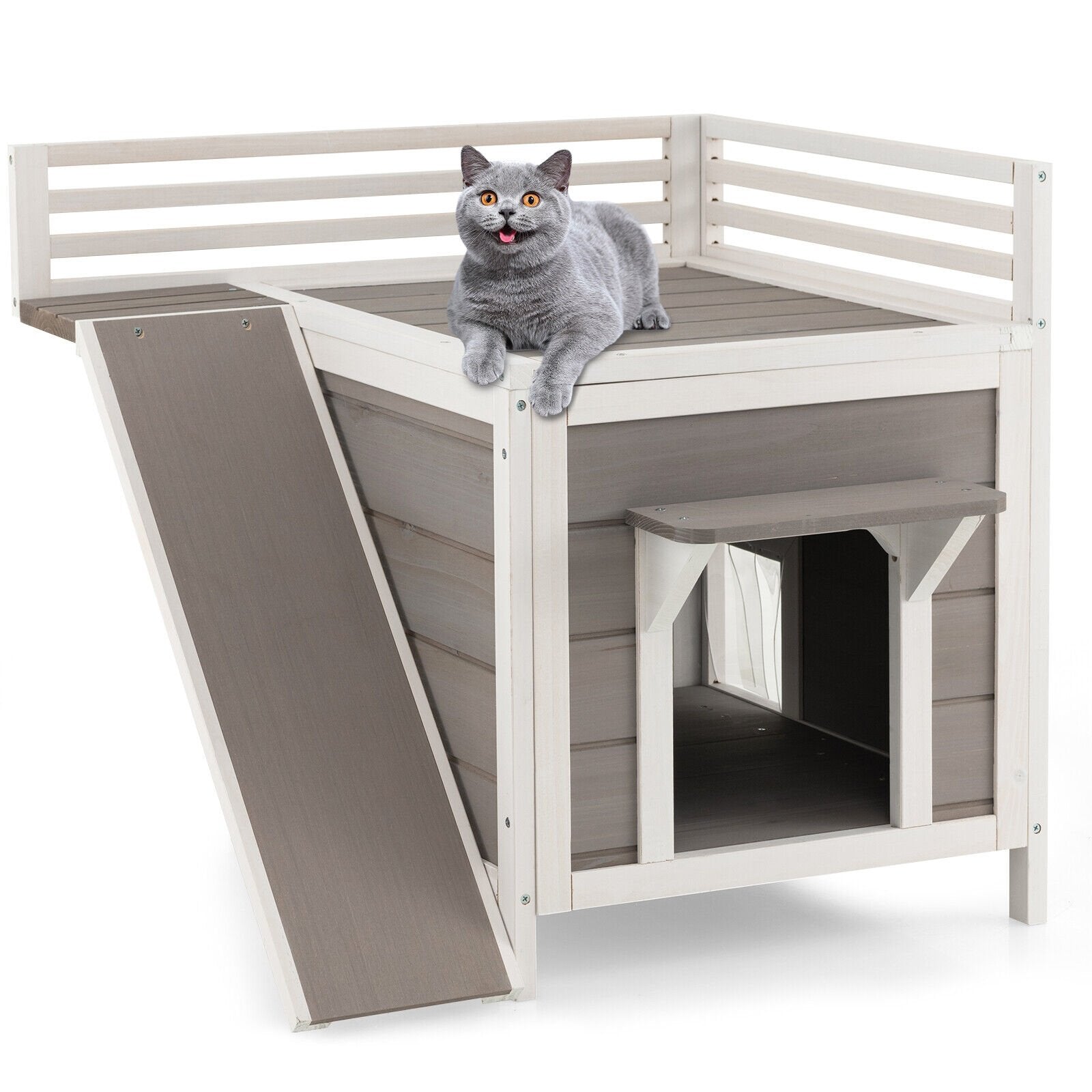 Outdoor Wooden Feral Cat House with Balcony and Slide, Gray Cat Supplies   at Gallery Canada