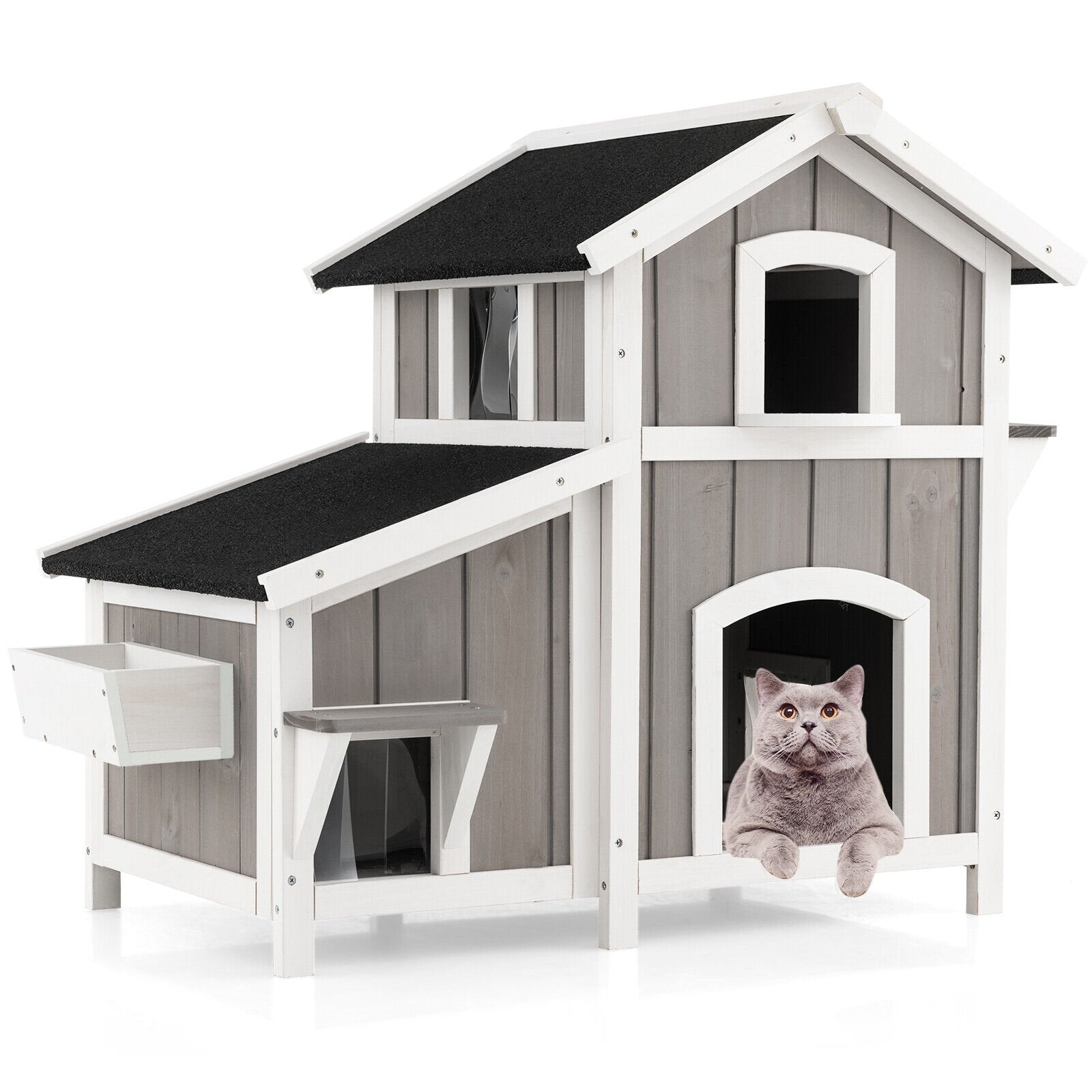 Outdoor 2-Story Wooden Feral Cat House with Escape Door, Gray Cat Supplies   at Gallery Canada