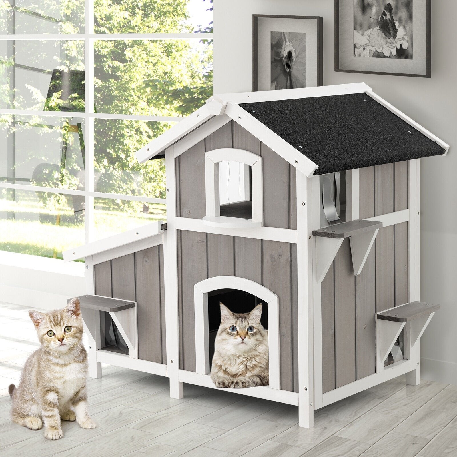 Outdoor 2-Story Wooden Feral Cat House with Escape Door, Gray Cat Supplies   at Gallery Canada