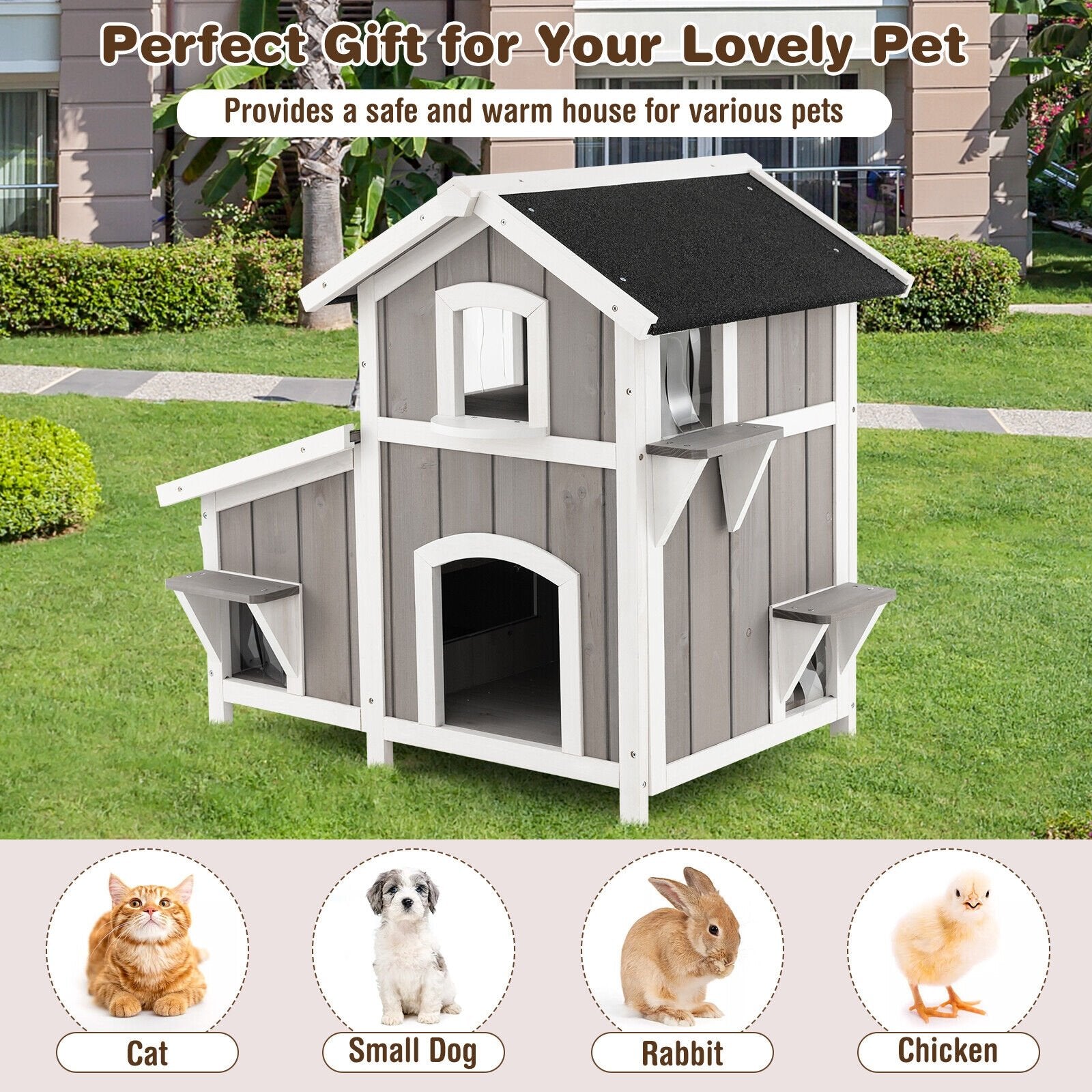 Outdoor 2-Story Wooden Feral Cat House with Escape Door, Gray Cat Supplies   at Gallery Canada