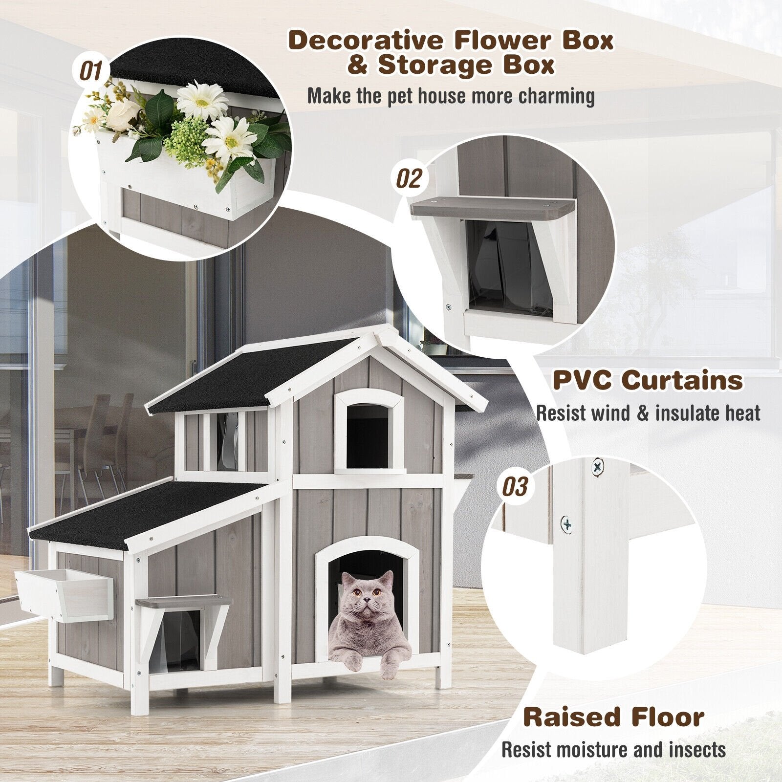 Outdoor 2-Story Wooden Feral Cat House with Escape Door, Gray Cat Supplies   at Gallery Canada