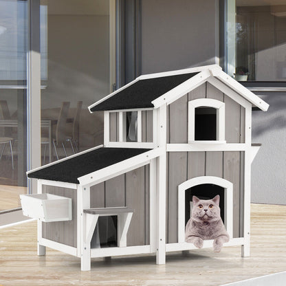 Outdoor 2-Story Wooden Feral Cat House with Escape Door, Gray Cat Supplies   at Gallery Canada