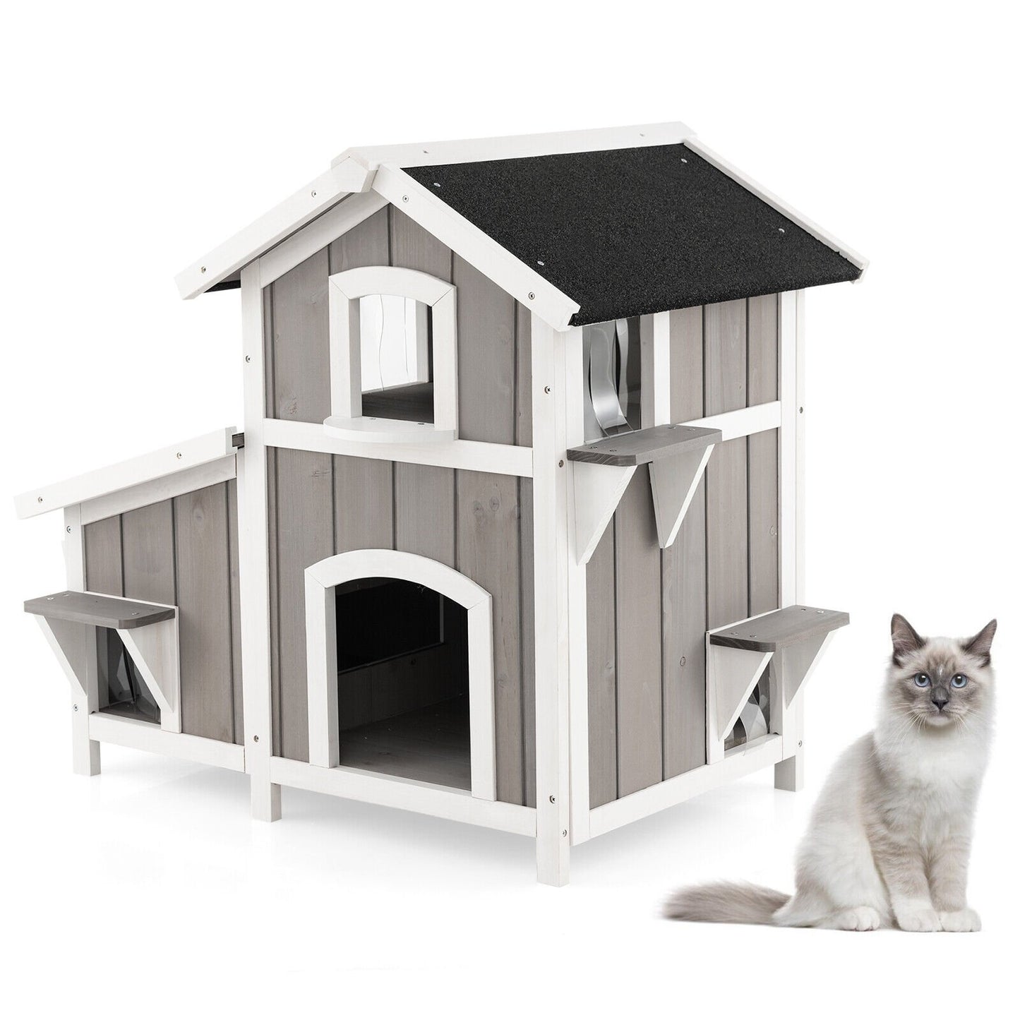 Outdoor 2-Story Wooden Feral Cat House with Escape Door, Gray Cat Supplies   at Gallery Canada