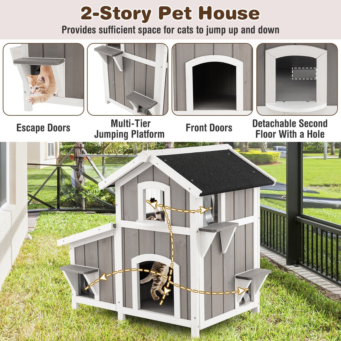 Outdoor 2-Story Wooden Feral Cat House with Escape Door, Gray Cat Supplies   at Gallery Canada