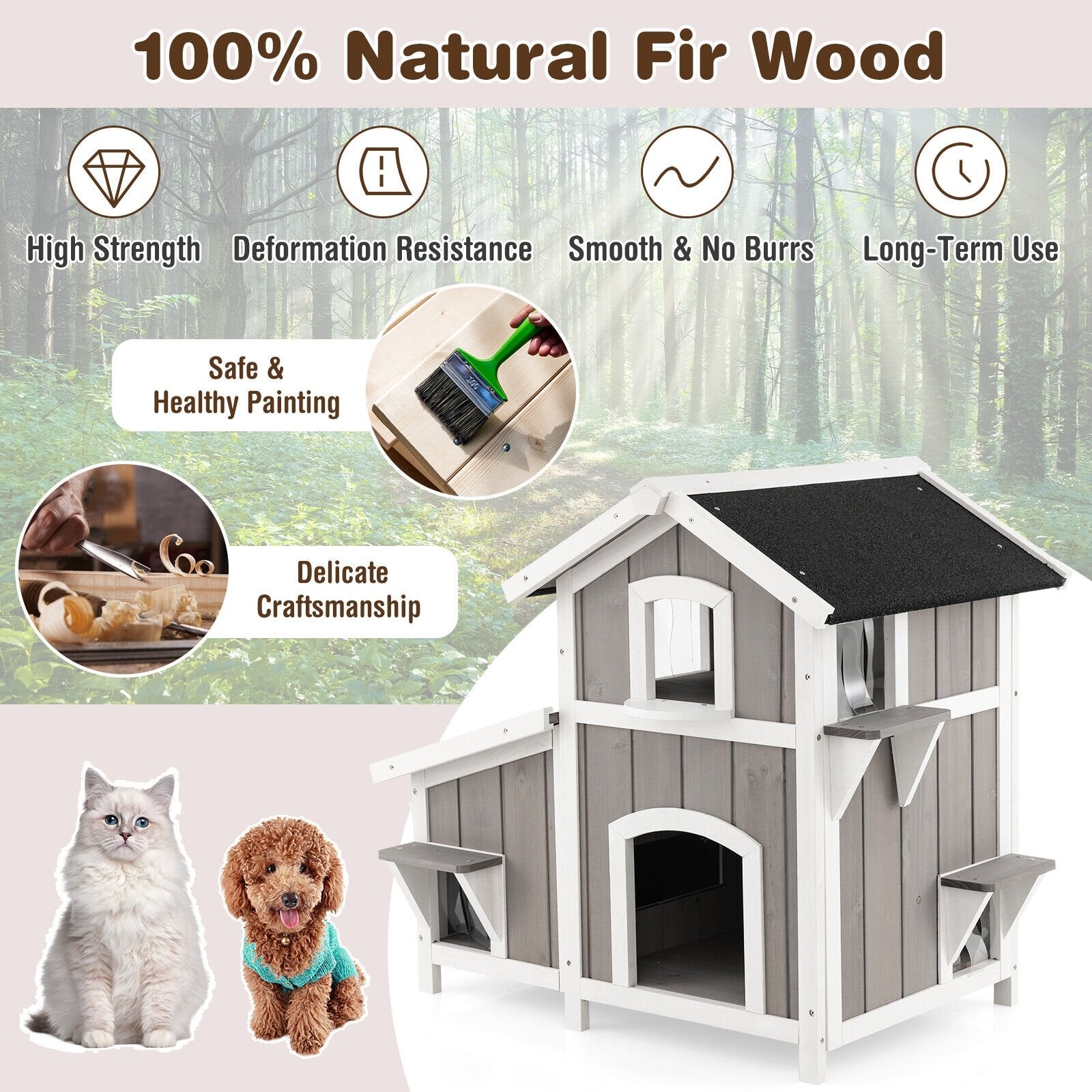 Outdoor 2-Story Wooden Feral Cat House with Escape Door, Gray Cat Supplies   at Gallery Canada