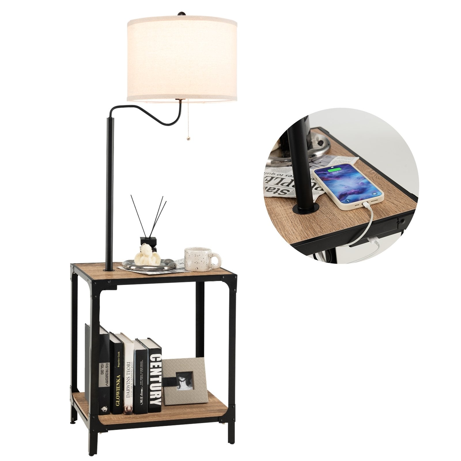 360° Rotatable Floor Lamp with End Table and USB Charging Ports, Black Table & Floor Lamps   at Gallery Canada