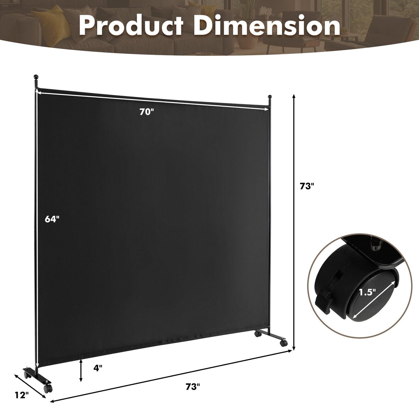 6 Feet Single Panel Rolling Room Divider with Smooth Wheels, Black Room Dividers   at Gallery Canada