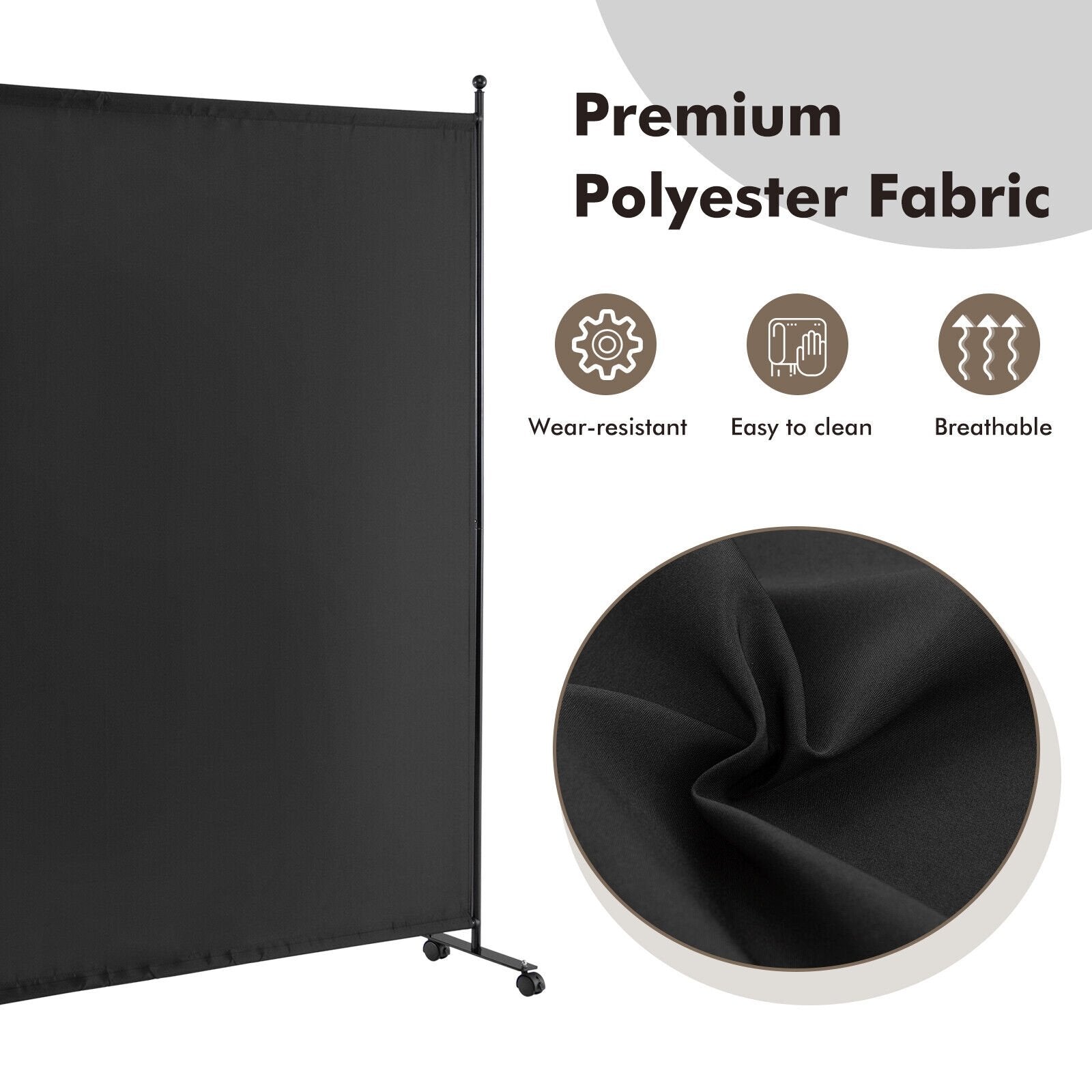 6 Feet Single Panel Rolling Room Divider with Smooth Wheels, Black Room Dividers   at Gallery Canada