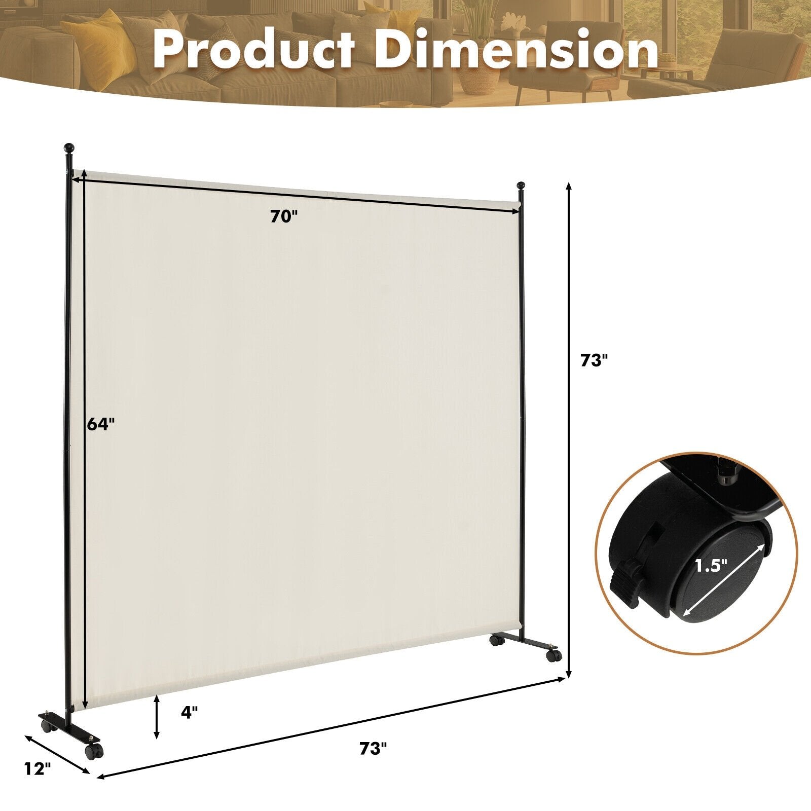 6 Feet Single Panel Rolling Room Divider with Smooth Wheels, White Room Dividers   at Gallery Canada