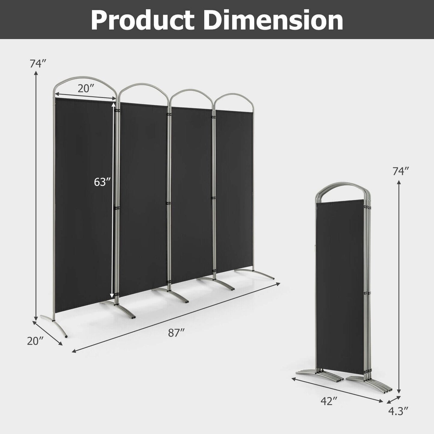 6.2Ft Folding 4-Panel Room Divider for Home Office Living Room, Black - Gallery Canada