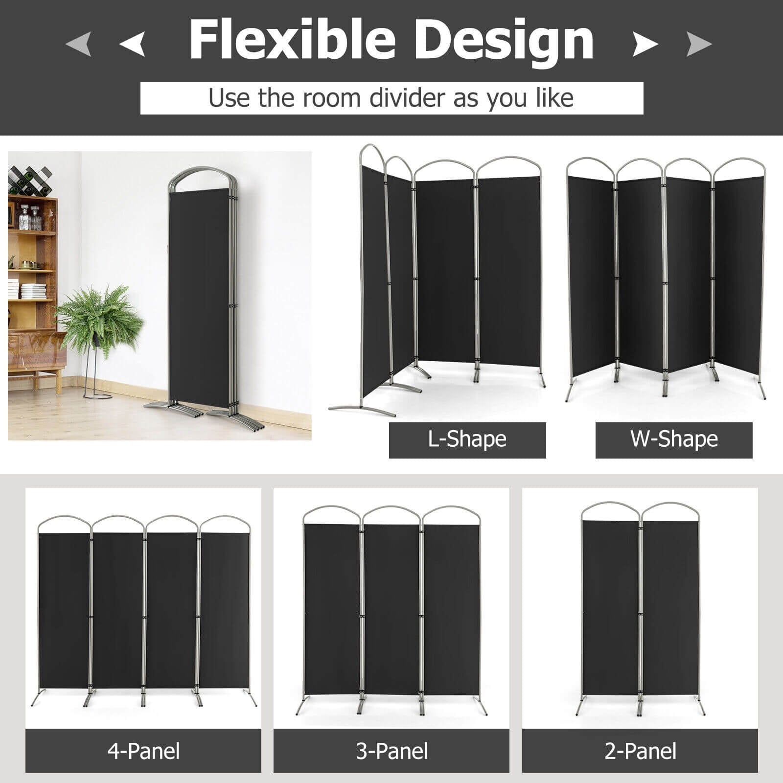 6.2Ft Folding 4-Panel Room Divider for Home Office Living Room, Black Room Dividers   at Gallery Canada