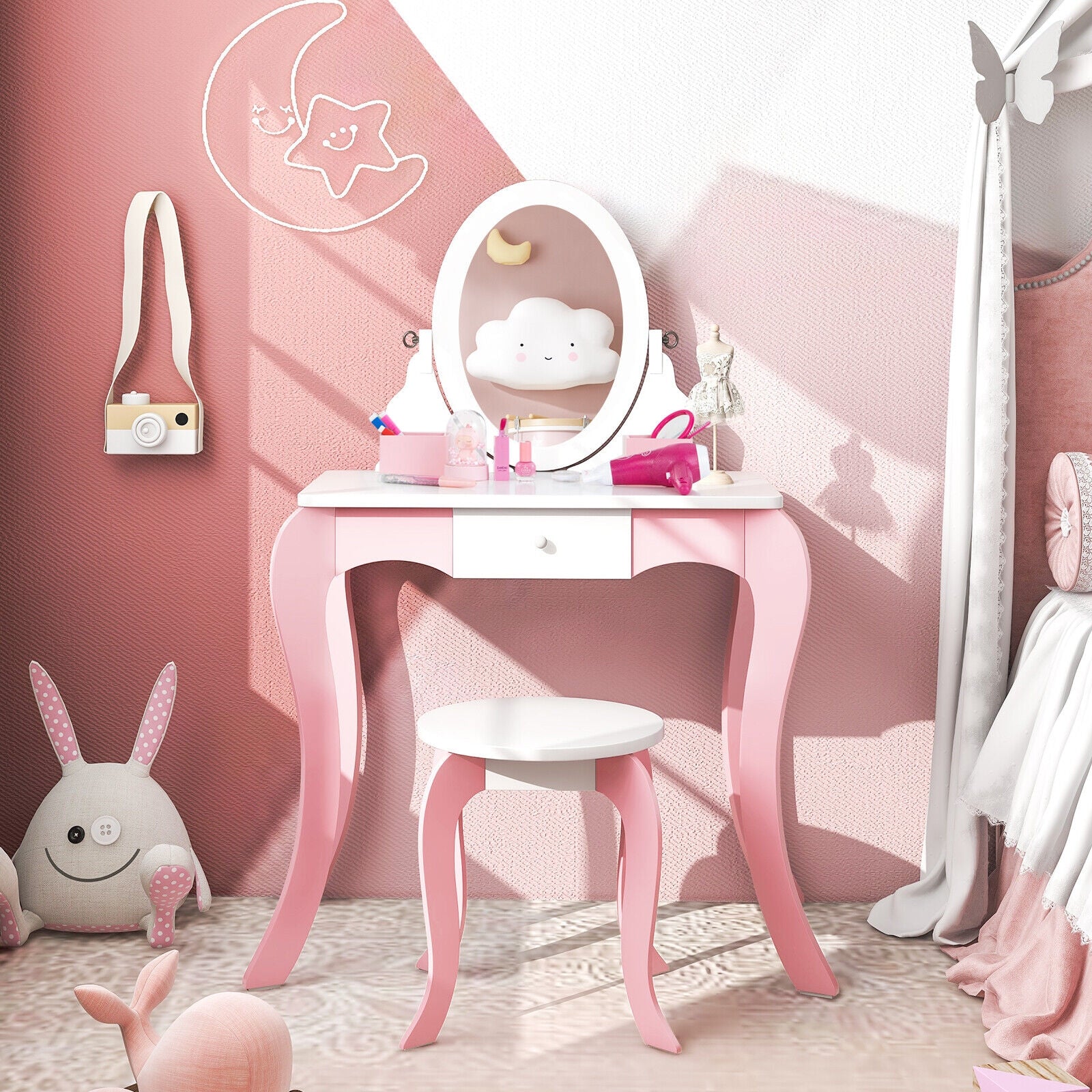 Pretend Kids Vanity Set with 360° Rotatable Mirror and Play Accessories, Pink Kids Vanities at Gallery Canada