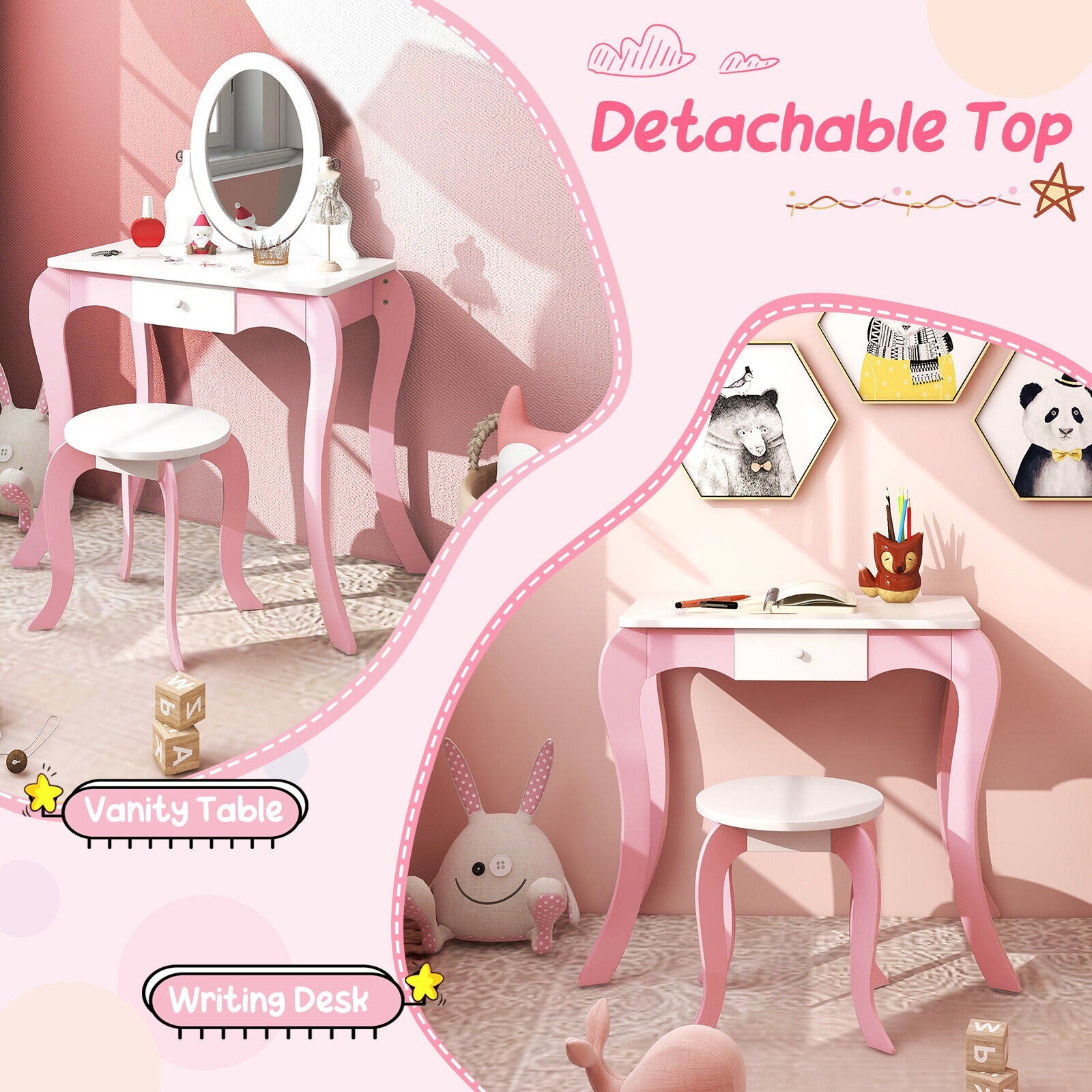 Pretend Kids Vanity Set with 360° Rotatable Mirror and Play Accessories, Pink Kids Vanities at Gallery Canada