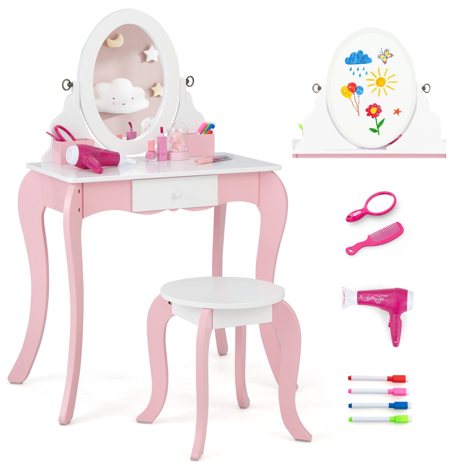 Pretend Kids Vanity Set with 360° Rotatable Mirror and Play Accessories, Pink Kids Vanities at Gallery Canada