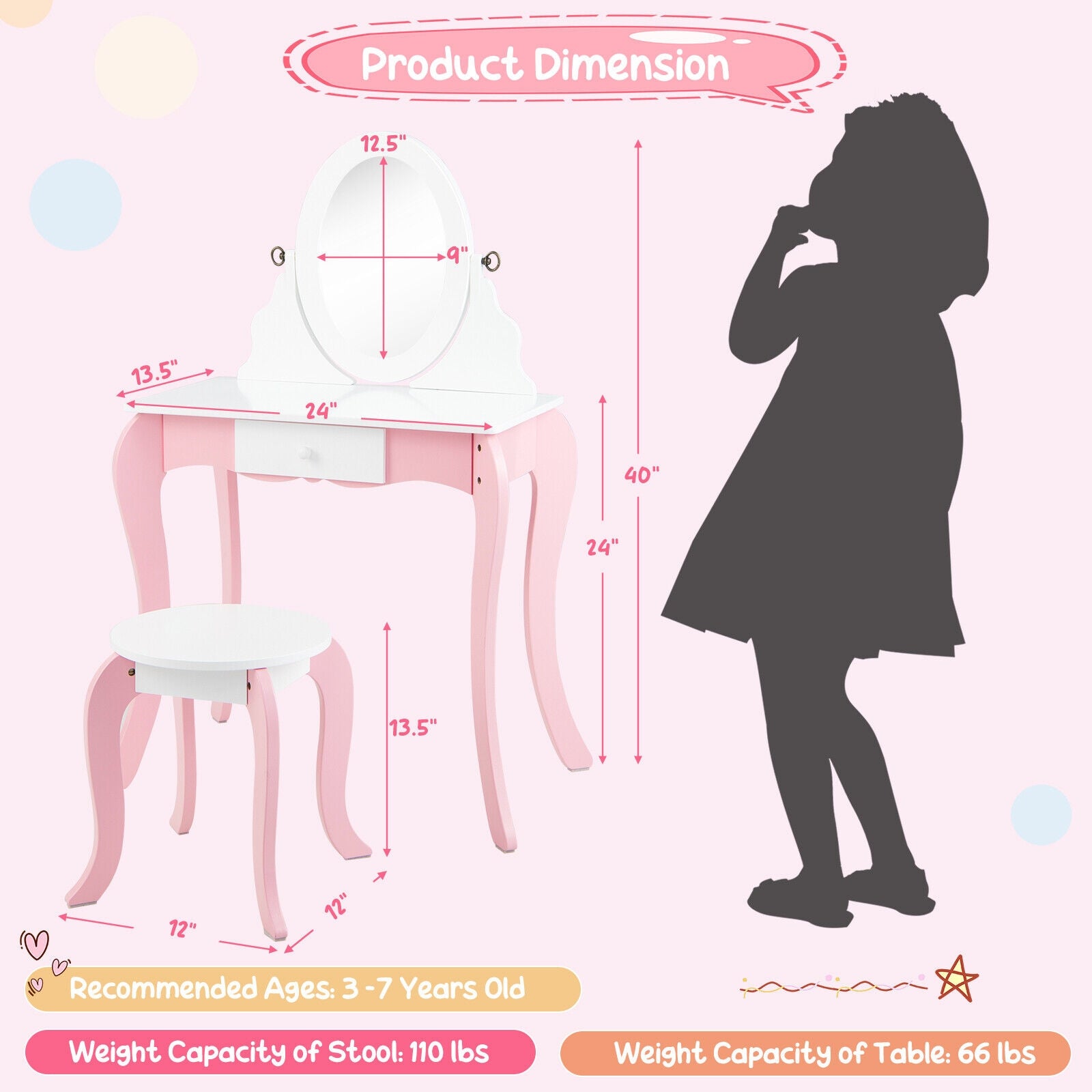 Pretend Kids Vanity Set with 360° Rotatable Mirror and Play Accessories, Pink Kids Vanities at Gallery Canada
