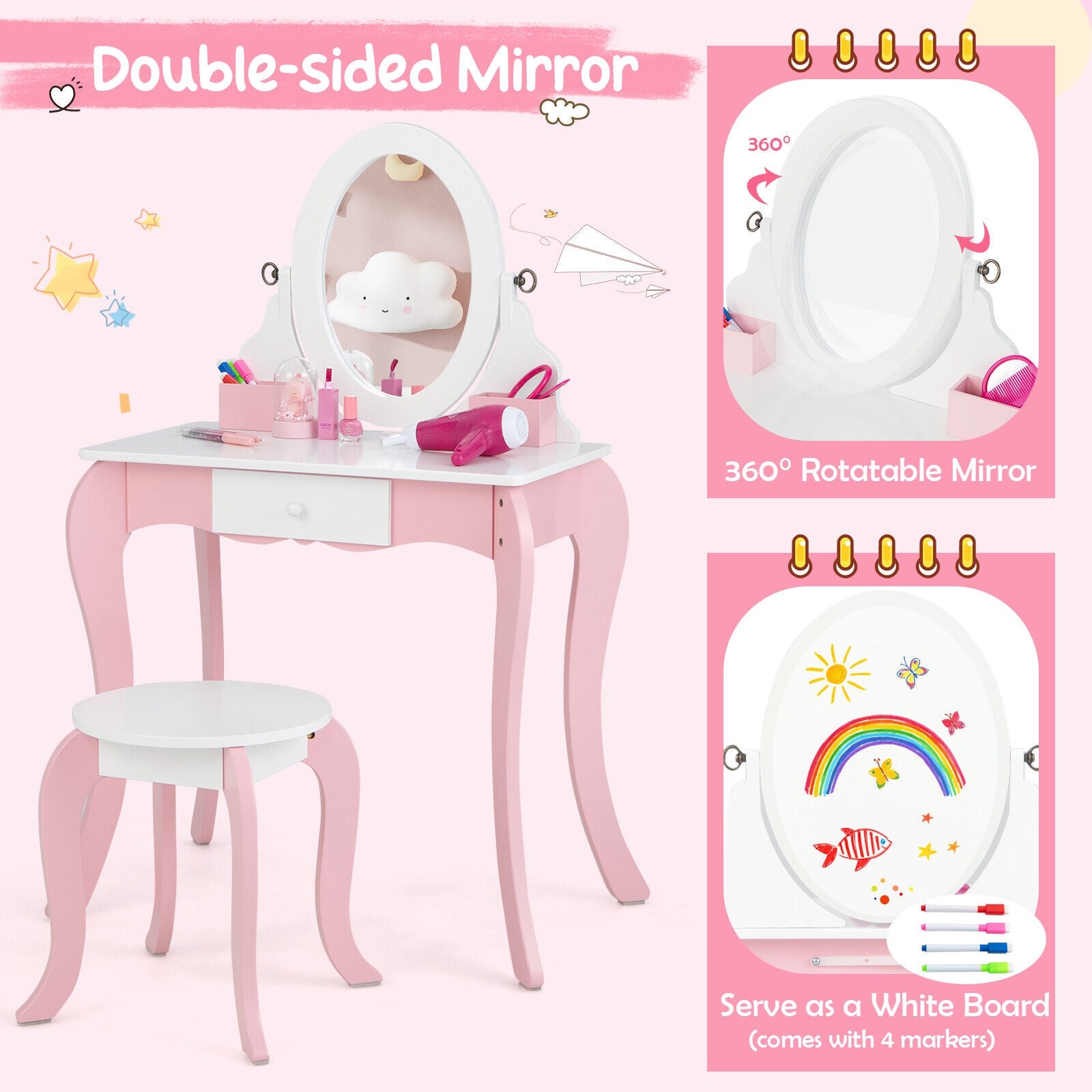 Pretend Kids Vanity Set with 360° Rotatable Mirror and Play Accessories, Pink Kids Vanities at Gallery Canada