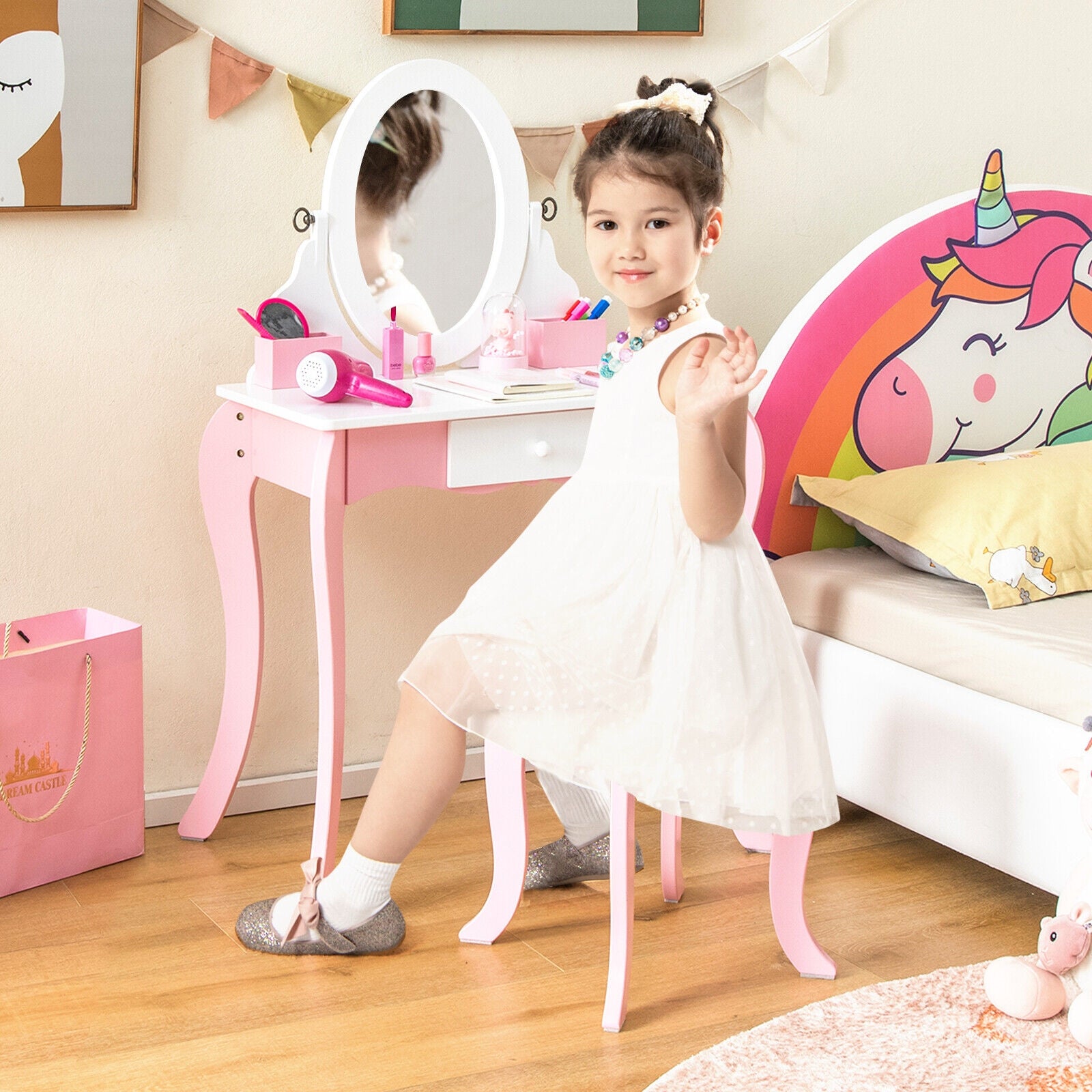 Pretend Kids Vanity Set with 360° Rotatable Mirror and Play Accessories, Pink Kids Vanities at Gallery Canada