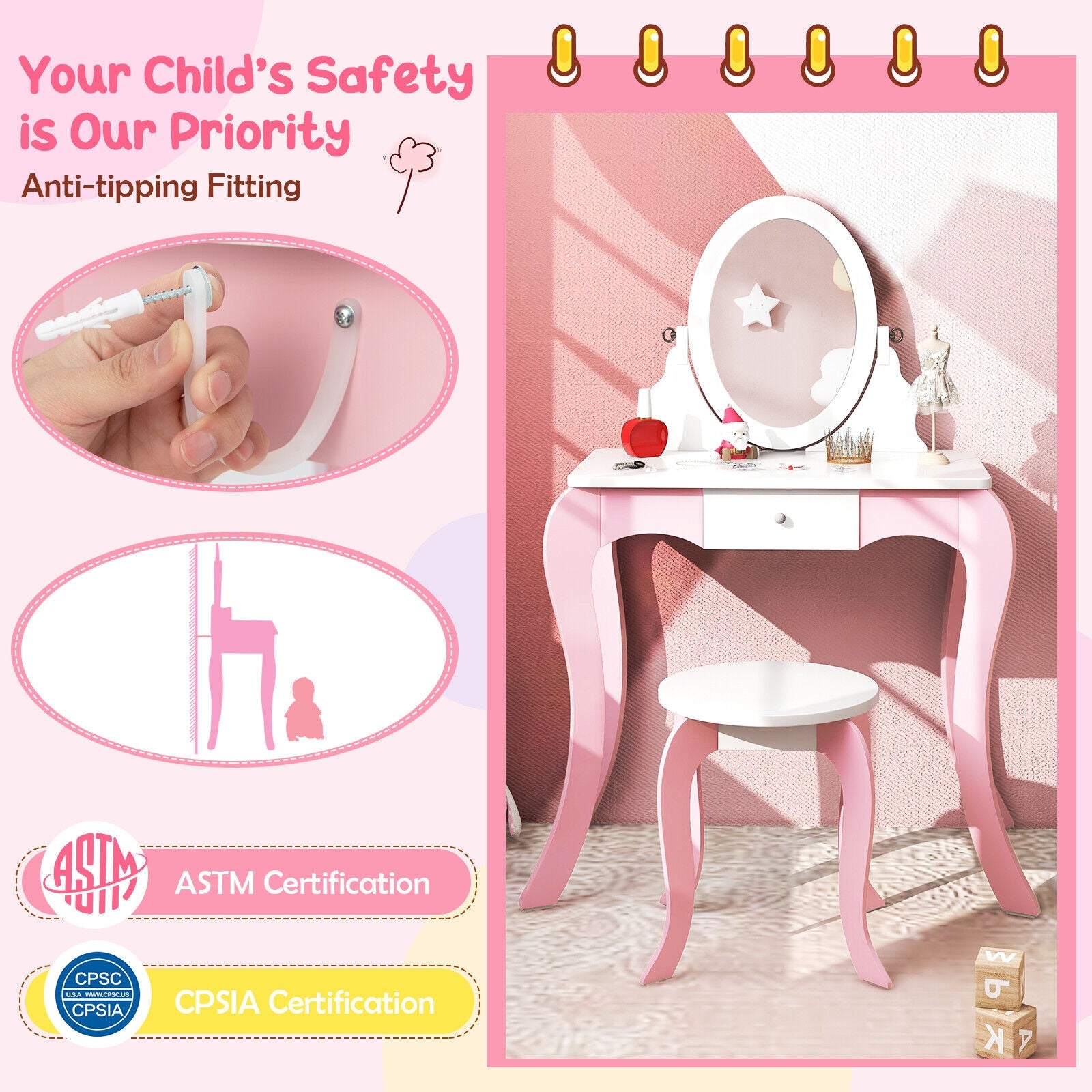 Pretend Kids Vanity Set with 360° Rotatable Mirror and Play Accessories, Pink Kids Vanities at Gallery Canada