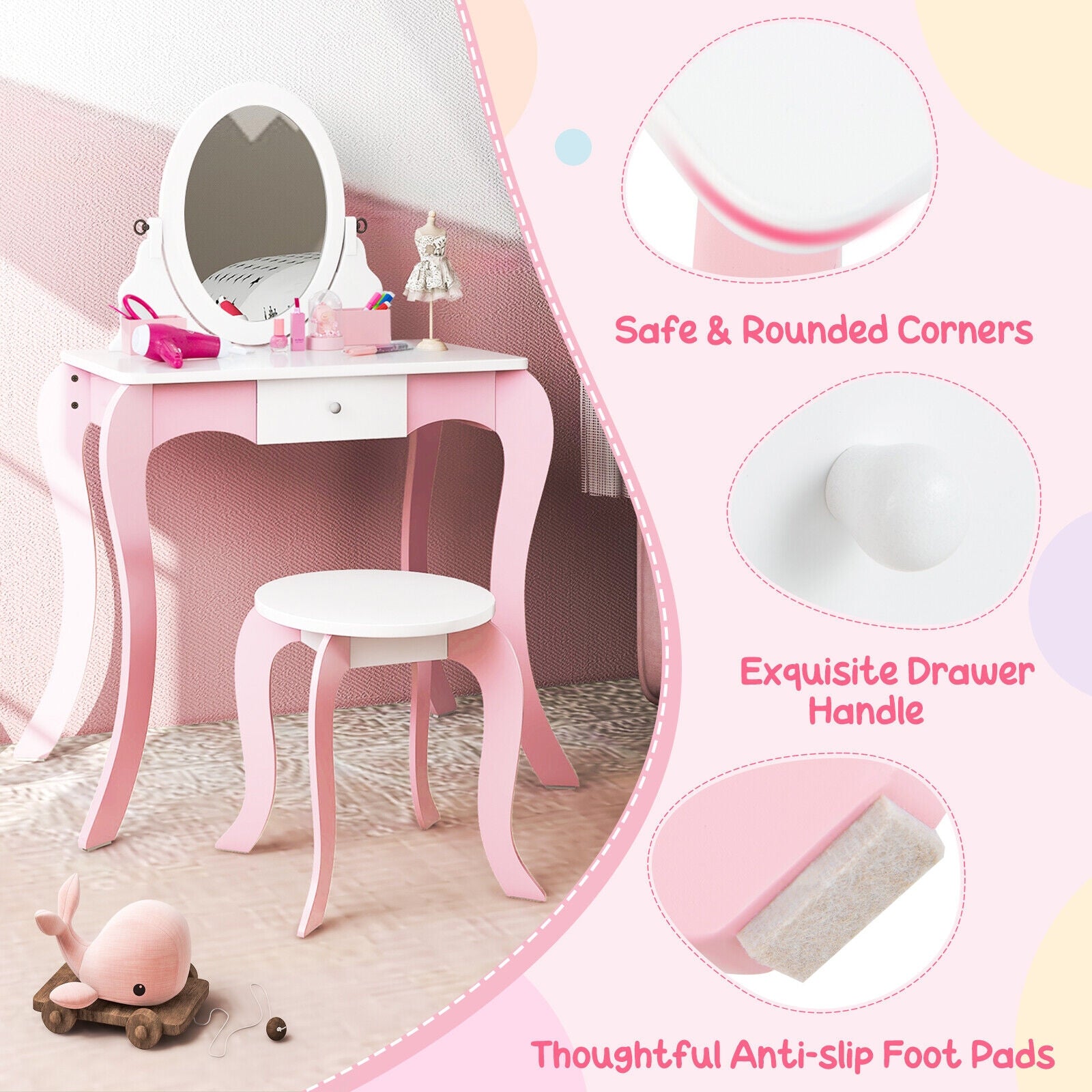 Pretend Kids Vanity Set with 360° Rotatable Mirror and Play Accessories, Pink Kids Vanities at Gallery Canada