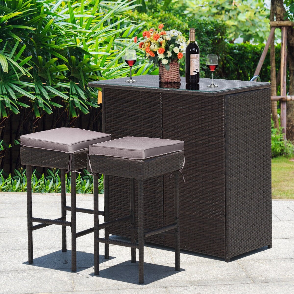 3 Pieces Patio Rattan Wicker Bar Table Stools Dining Set, Gray & Off White Patio Bar Furniture   at Gallery Canada