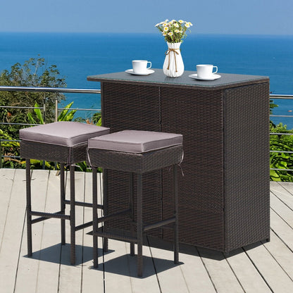 3 Pieces Patio Rattan Wicker Bar Table Stools Dining Set, Gray & Off White Patio Bar Furniture   at Gallery Canada