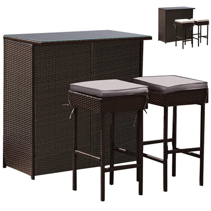 3 Pieces Patio Rattan Wicker Bar Table Stools Dining Set, Gray & Off White Patio Bar Furniture   at Gallery Canada