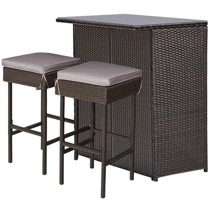 3 Pieces Patio Rattan Wicker Bar Table Stools Dining Set, Gray & Off White Patio Bar Furniture   at Gallery Canada