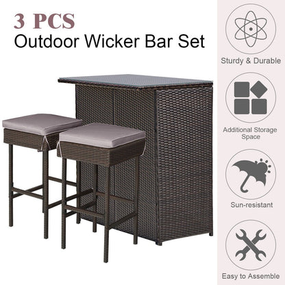 3 Pieces Patio Rattan Wicker Bar Table Stools Dining Set, Gray & Off White Patio Bar Furniture   at Gallery Canada