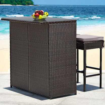 3 Pieces Patio Rattan Wicker Bar Table Stools Dining Set, Gray & Off White Patio Bar Furniture   at Gallery Canada