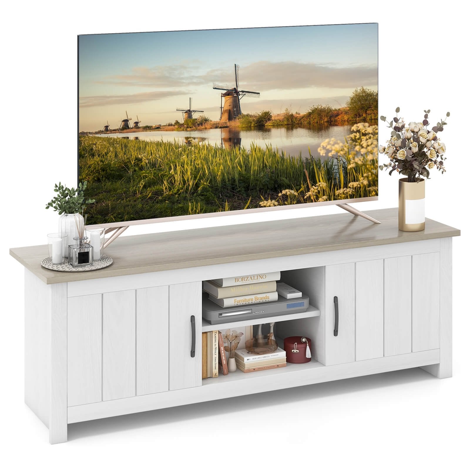 TV Stand with 2 Cabinets and Open Shelves for TVs up to 65 Inch, Natural - Gallery Canada