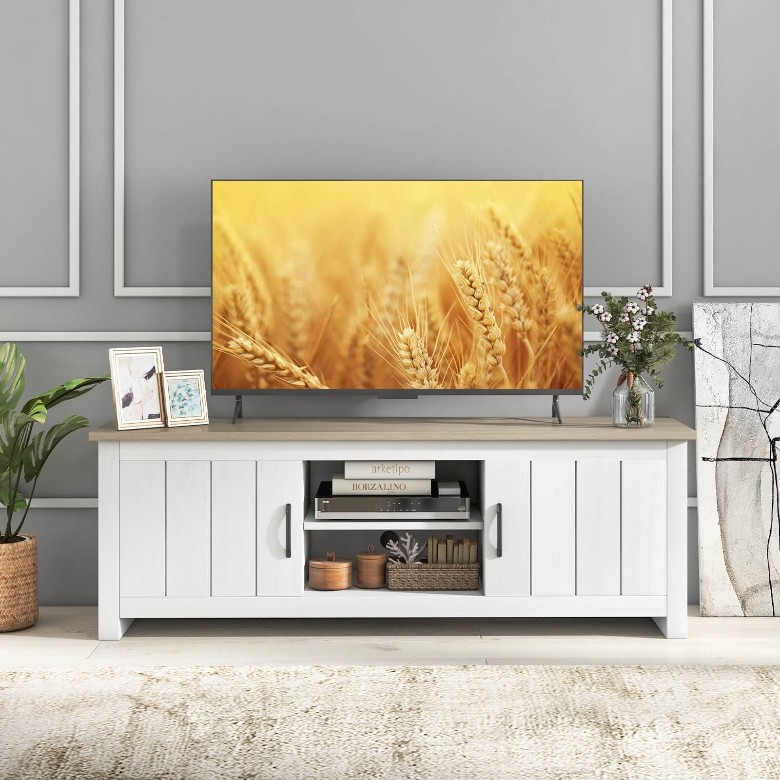 TV Stand with 2 Cabinets and Open Shelves for TVs up to 65 Inch, Natural - Gallery Canada