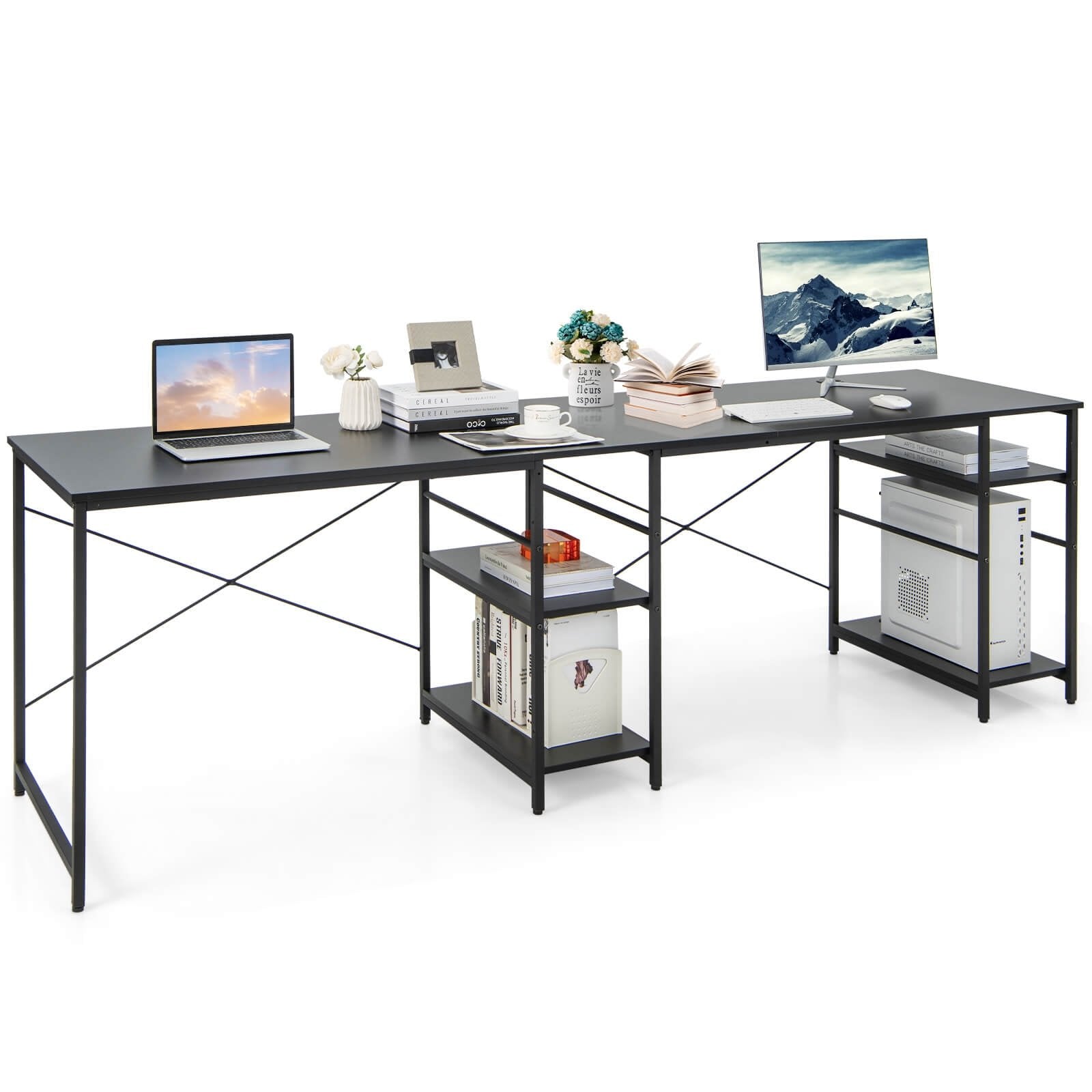 L Shaped Computer Desk with 4 Storage Shelves and Cable Holes, Black L-Shaped Desks   at Gallery Canada