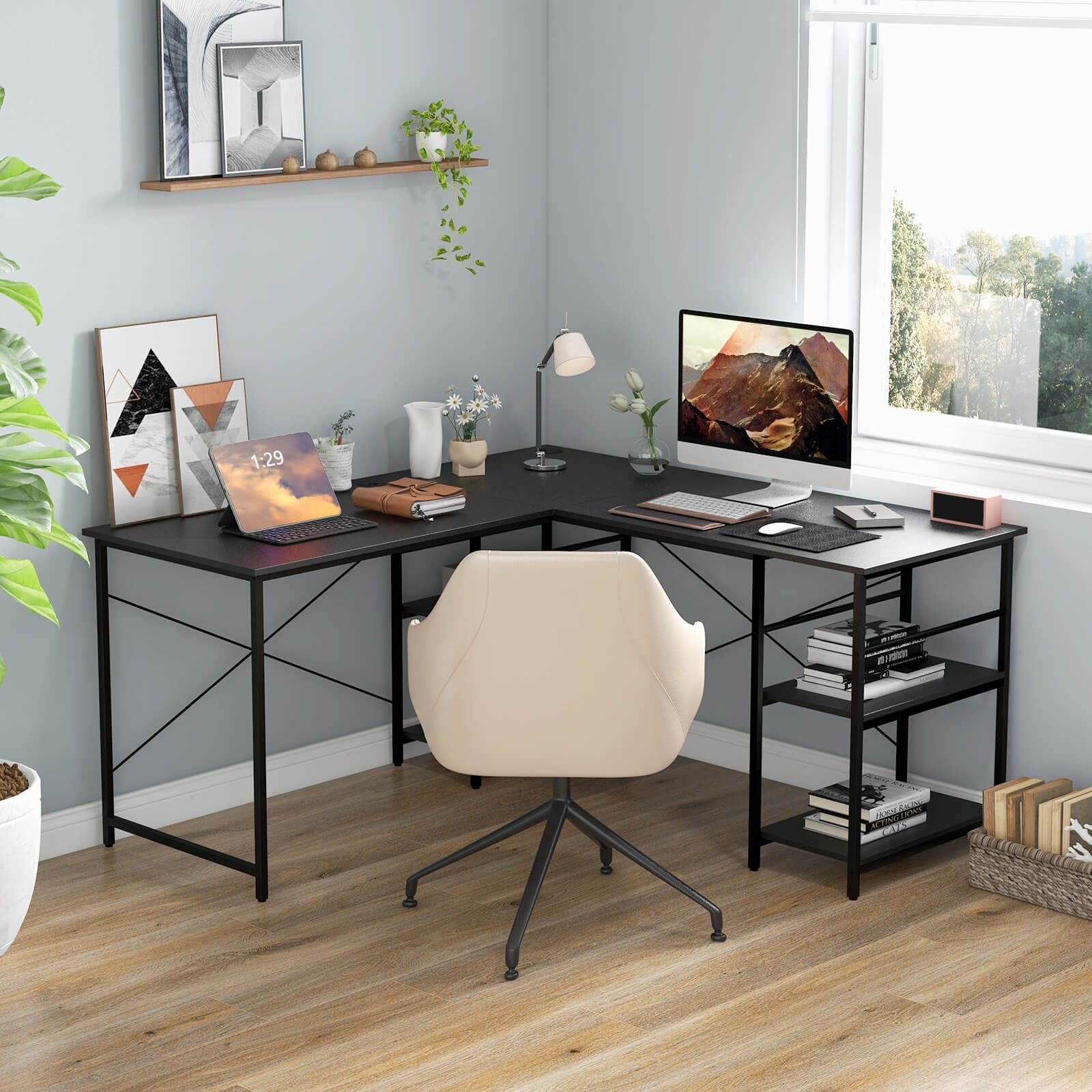 L Shaped Computer Desk with 4 Storage Shelves and Cable Holes, Black L-Shaped Desks   at Gallery Canada