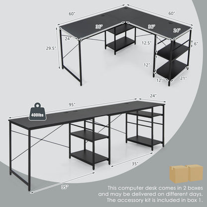 L Shaped Computer Desk with 4 Storage Shelves and Cable Holes, Black L-Shaped Desks   at Gallery Canada